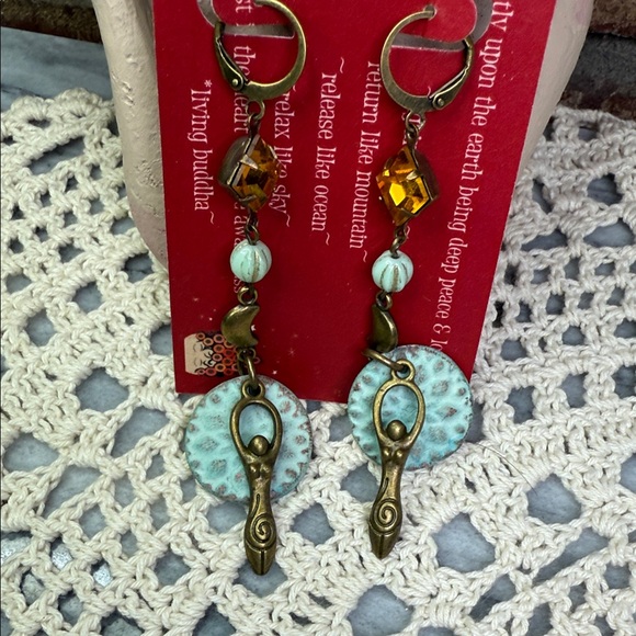 Jewelry - Bohemian kiln fired & Bronze moon goddess Earrings